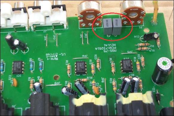 Cleanbox circuit board with new capacitors highlighted
