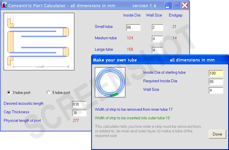 Screenshot of Concentric port calculator