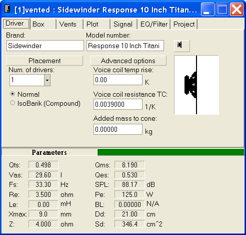 WinISD Driver Tab showing T/S parameters